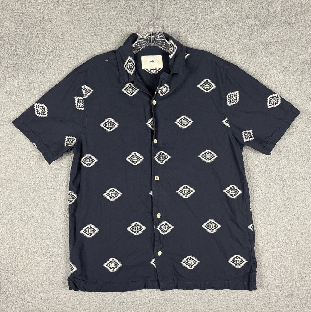 Folk Shirt Men’s Small Blue Camp Collar Ryder Geometric Embroidered Casual